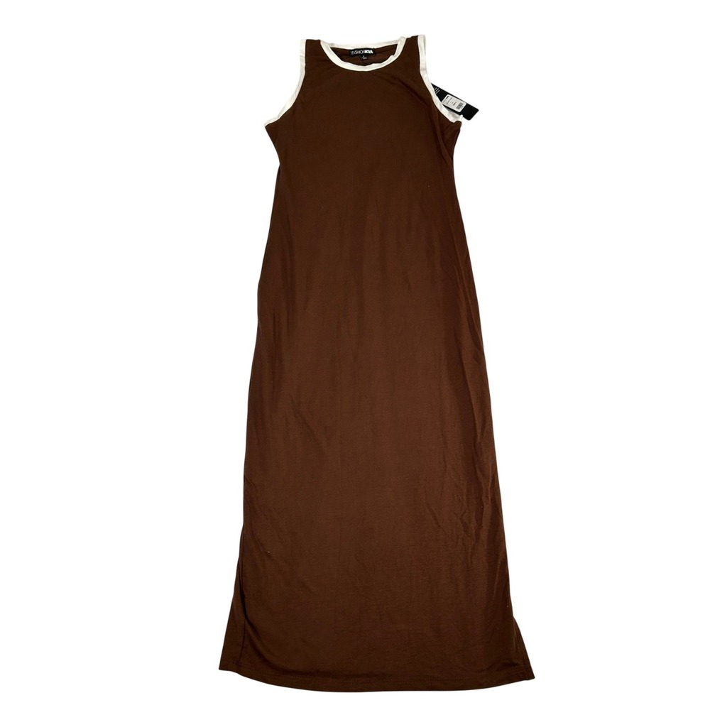 Fashion Nova Tati Midi Dress Brown White Ringer Trim Sleeveless Bodycon Small‎